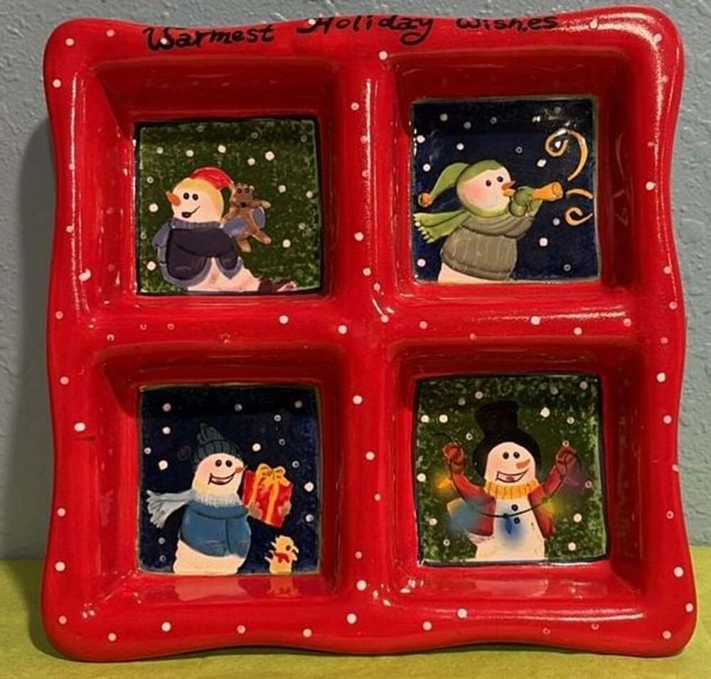 Warmest Holiday Wishes Snowmen 4-Section Divided Serving Tray Platter